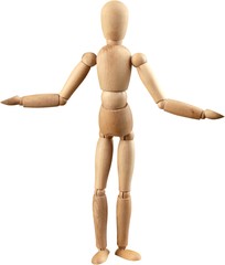 Miniature wooden mannequin with its arms spread out
