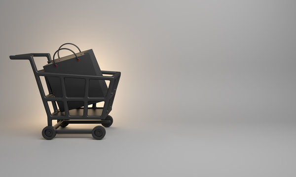Black basket trolley cart and shopping bag in the studio lighting on white background, copy space text, Design creative concept for black friday sale event. 3D rendering illustration.