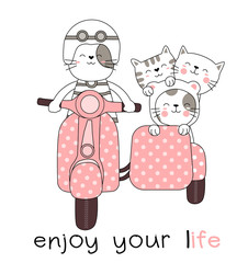 Cute baby catl with motorcycle cartoon hand drawn style
