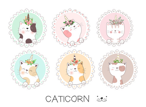 Cute baby cat cartoon hand drawn style