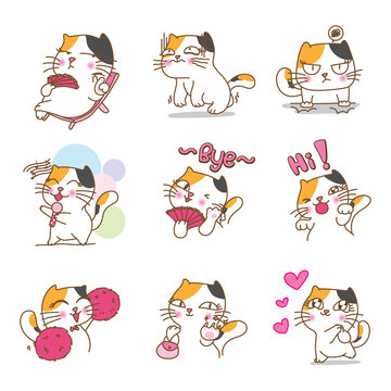 Pretty cat character design in different emotions and expressions