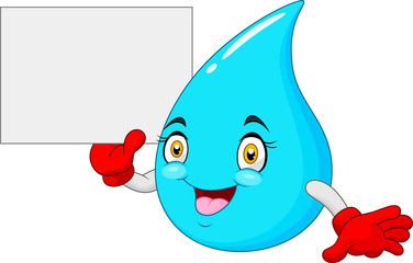 Happy Blue Water Drop Cartoon Mascot Holding a Blank Sign Board