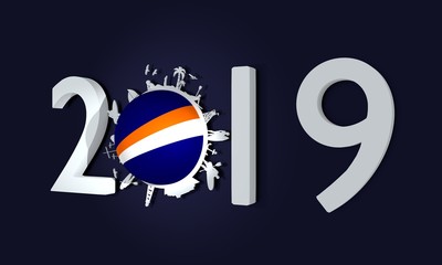 Circle with tropical recreation silhouettes. Objects located around the circle. Human posing with surfboard, ship, palm and lifeguard tower. Flag of the Seychelles. 3D rendering. 2019 year number