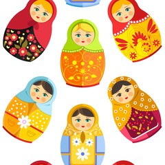 Russian nesting doll, traditional wooden souvenir from Russia seamless pattern isolated on white vector.