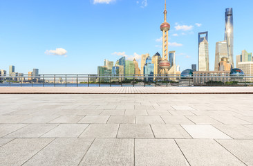 Empty square floor and modern city landmark building scenery in Shanghai