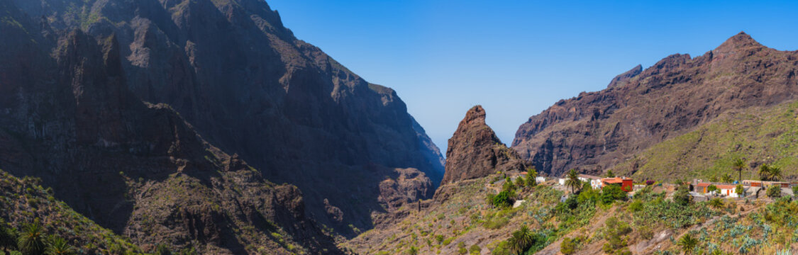 Magnificent panorama of the gorge and the village of Masca.Tenerife. Canary Islands..Spain