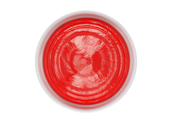 ketchup inside ceramic pot, isolated on white background, top view