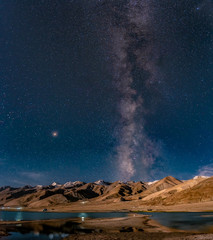 Panorama of arching Milky Way galactic center over the mountain at Pangong Lake or Pangong Tso, Ladakh, Jammu and Kashmir, India. - obrazy, fototapety, plakaty