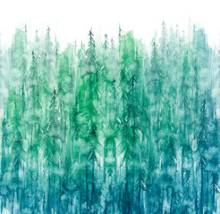 Watercolor group of trees - fir, pine, cedar, fir-tree. green forest, countryside landscape. Drawing on white background. Foggy green forest. Background painted with watercolor. Hand drawn landscape.