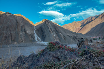 Beautiful natural landscape with mountains and Indus river at Alchi village, Ladakh India.