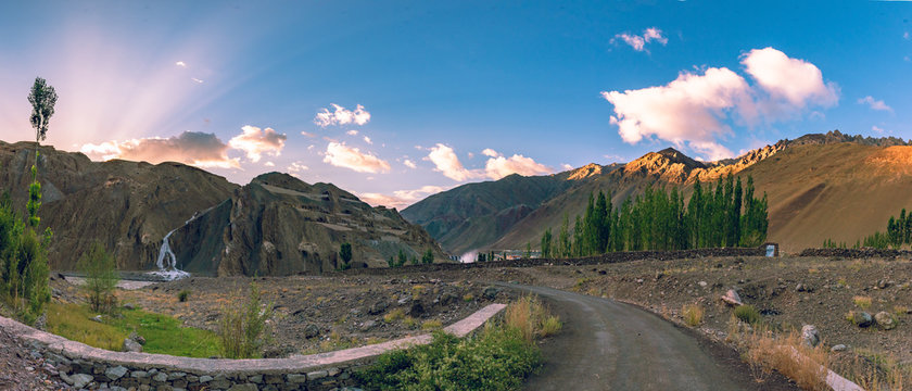 Beautiful natural landscape with mountains and Indus river at Alchi village, Ladakh India.