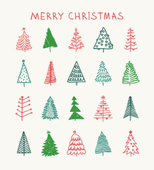 Hand drawn set of Christmas trees and Quote. Holidays background and Greetings. Abstract  doodle drawing woods and text. Vector art illustration