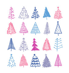 Hand drawn set of Christmas trees. Holidays background. Abstract  doodle drawing woods. Vector art illustration