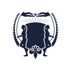 Running woman silhouette with shield for text. Sport or fitness club emblem