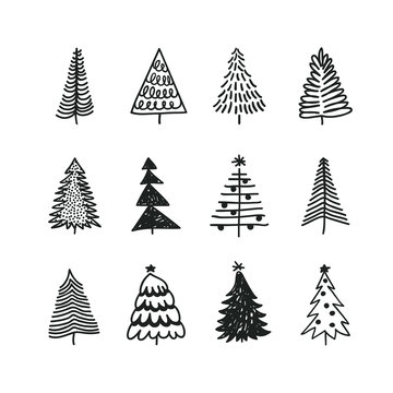 Hand drawn set of Christmas trees. Holidays background. Abstract  doodle drawing woods. Vector art illustration