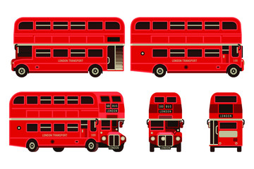 London bus red double decker  transportation set in flat style vector illustration - obrazy, fototapety, plakaty