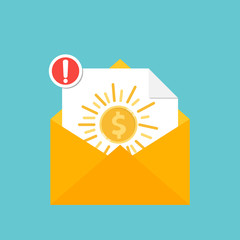 Coin in envelope. New email notification with warning mark. Danger warning attention sign, Message envelope icon vector illustration in flat style