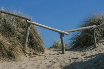alter Holzzaun in den Dünen am Strand der Nordsee