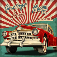 Vintage touristic greeting card with retro car.Macon. Georgia.