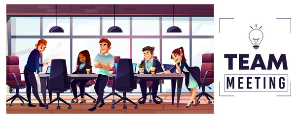 Business startup team meeting cartoon vector concept with entrepreneurs or office workers multinational characters working together, discussing plans, brainstorming business ideas in conference room