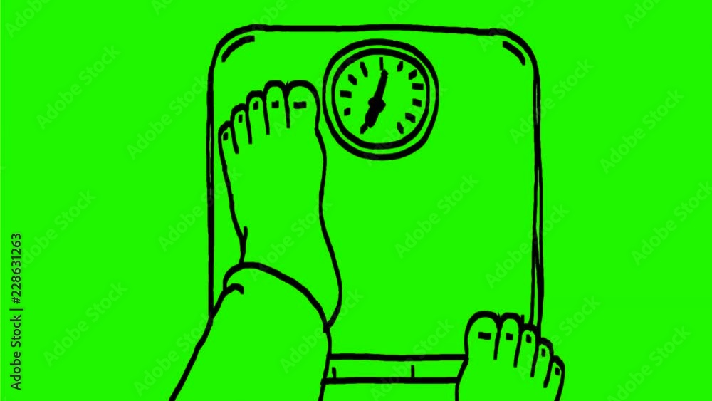 Poster 2d animation motion graphics showing a drawing of a fat obese feet stepping on weighing scale on whi