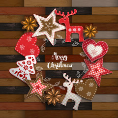 Christmas traditional ornaments on wooden parquet background