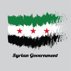 Brush style color flag of Syrian, A horizontal tricolor of green white and black with three red stars in the center with text Syrian Government.
