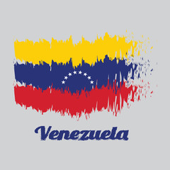 Brush style color flag of Venezuela, yellow blue and red with an arc of eight white stars centered on the blue band with text Venezuela.