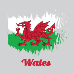 Brush style color flag of Wales, consists of a red dragon passant on a green and white field with text Wales.