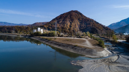 Aerial view of a busy gravel pit extraction site.