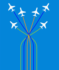 Airplane Flying Formation In Blue Sky, Air Show Display, The Disciplined Flight