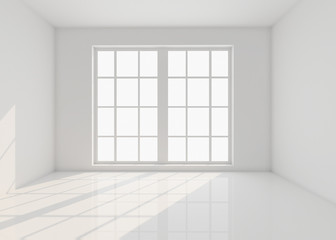 Empty white room with window and sunlight. 3d illustration;