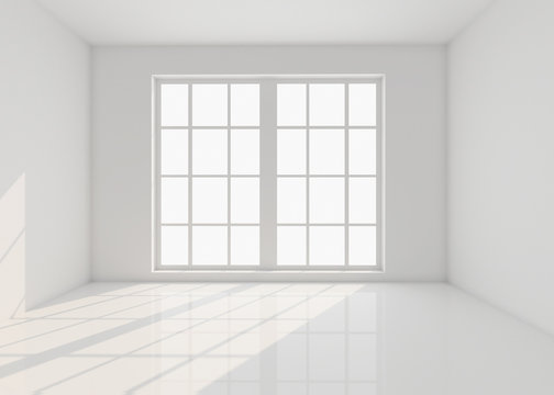 Empty white room with window and sunlight. 3d illustration;
