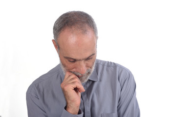 thinking middle-aged man with shirt and white background