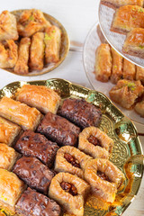 Traditional eastern arabic dessert Baklava with Turkish honey and walnuts, selective focus. Copy space