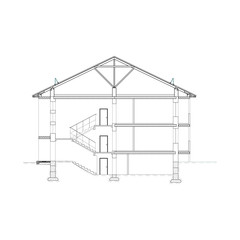Detailed multi-storey building. Cross-section house. Vector black and white blueprint.
