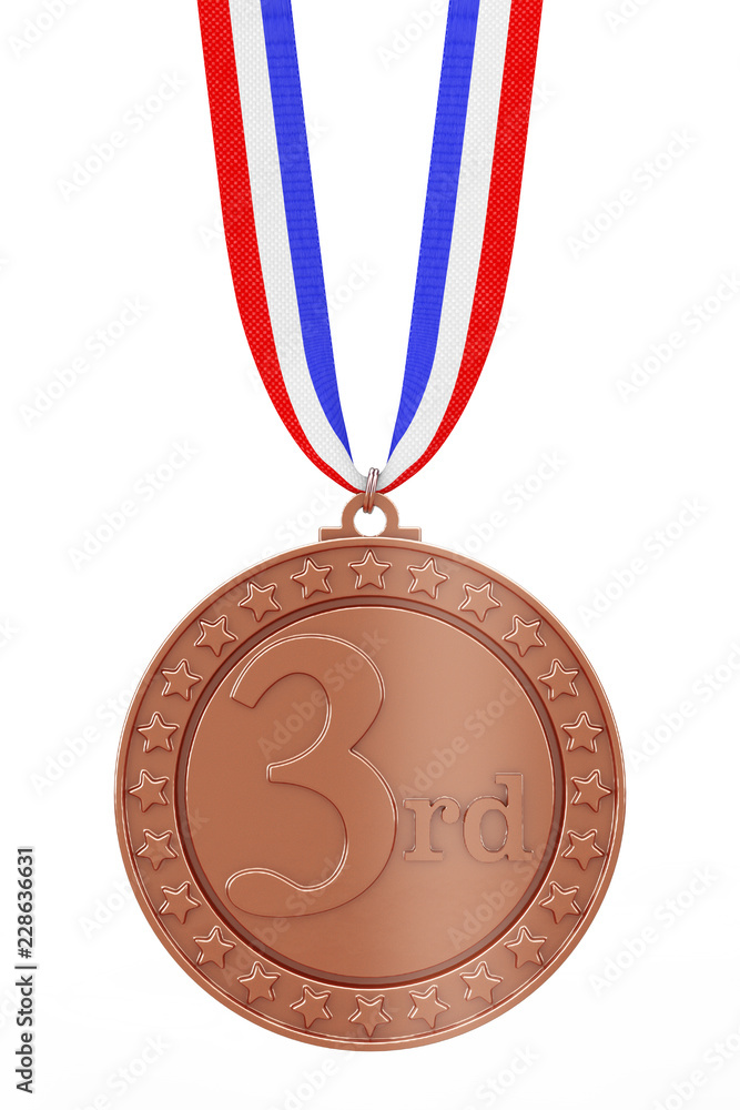 Poster bronze third place winners medal with ribbon. 3d rendering