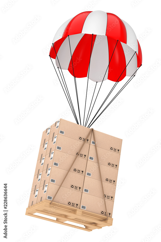 Poster logistics concept. cardboard boxes on wooden palette with parachute. 3d rendering