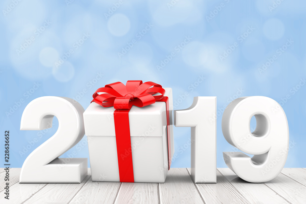 Poster 2019 new year sign with gift box and red ribbon. 3d rendering