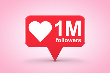 Social Media Network Love and Like Heart Icon with One Million Followers Sign. 3d Rendering - obrazy, fototapety, plakaty