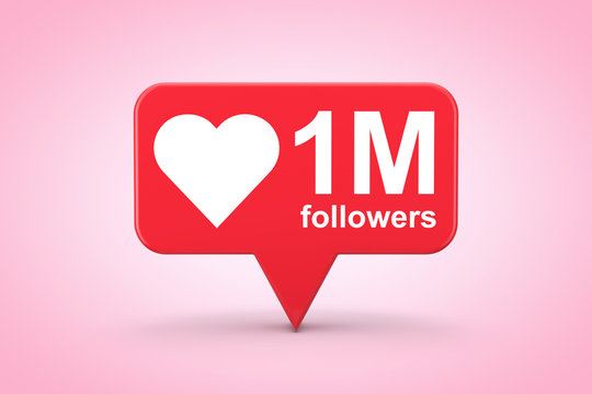 Social Media Network Love and Like Heart Icon with One Million Followers Sign. 3d Rendering