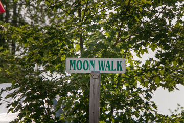 Sign post with Moon Walk written on it in front of forest on camping