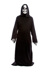 The grim reaper or death halloween costume isolated on a white background.  The skeleton is wearing...