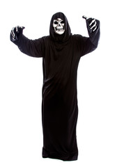 The grim reaper or death halloween costume isolated on a white background.  The skeleton is wearing...
