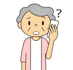 二頭身　シニア　女性　電話するおばあちゃん　困る
