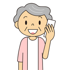 二頭身　シニア　女性　電話するおばあちゃん　笑顔