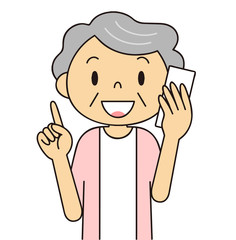 二頭身　シニア　女性　電話するおばあちゃん　笑顔　人差し指をさす