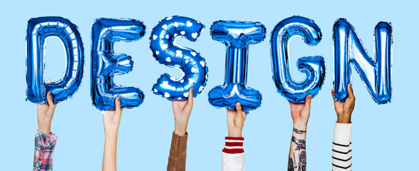 Blue alphabet helium balloons forming the text design