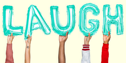 Hands showing laugh balloons word