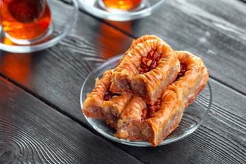 Traditional Baklava on Wooden Table